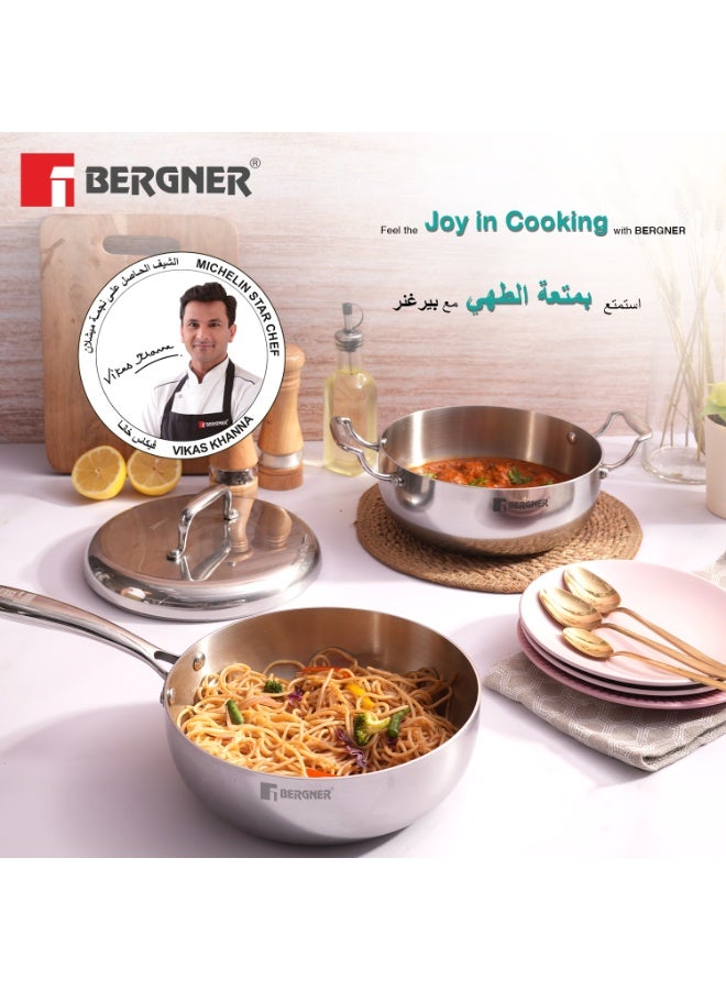 Bergner Argent Saira Saiba Triply Stainless Steel 3-Piece Cookware Set with 22cm (2.5L) Frypan, 22cm (3L) Casserole, Common Lid, Low-Oil Healthy Cooking, Even Heating, Induction & Gas Compatible - Image 4